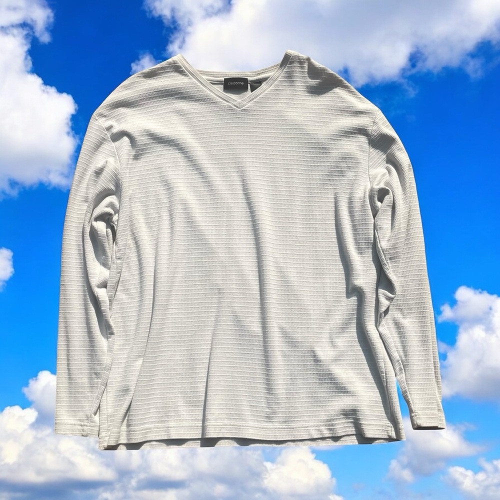 Claiborne Off-White Striped Long Sleeve V-Neck Tee